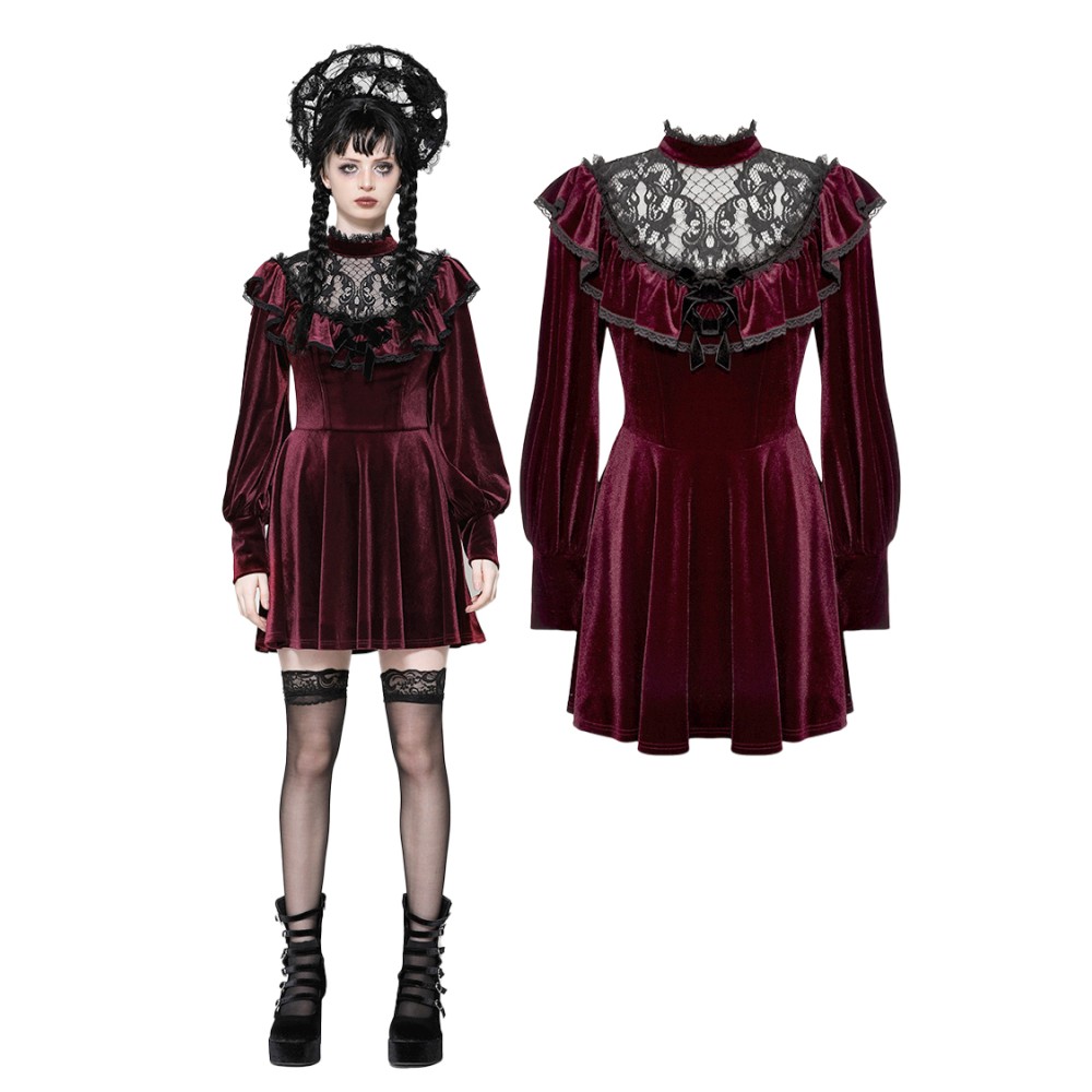 Dark in Love - Dark Velvet Gothic Doll Robe courte - Bordeaux rouge